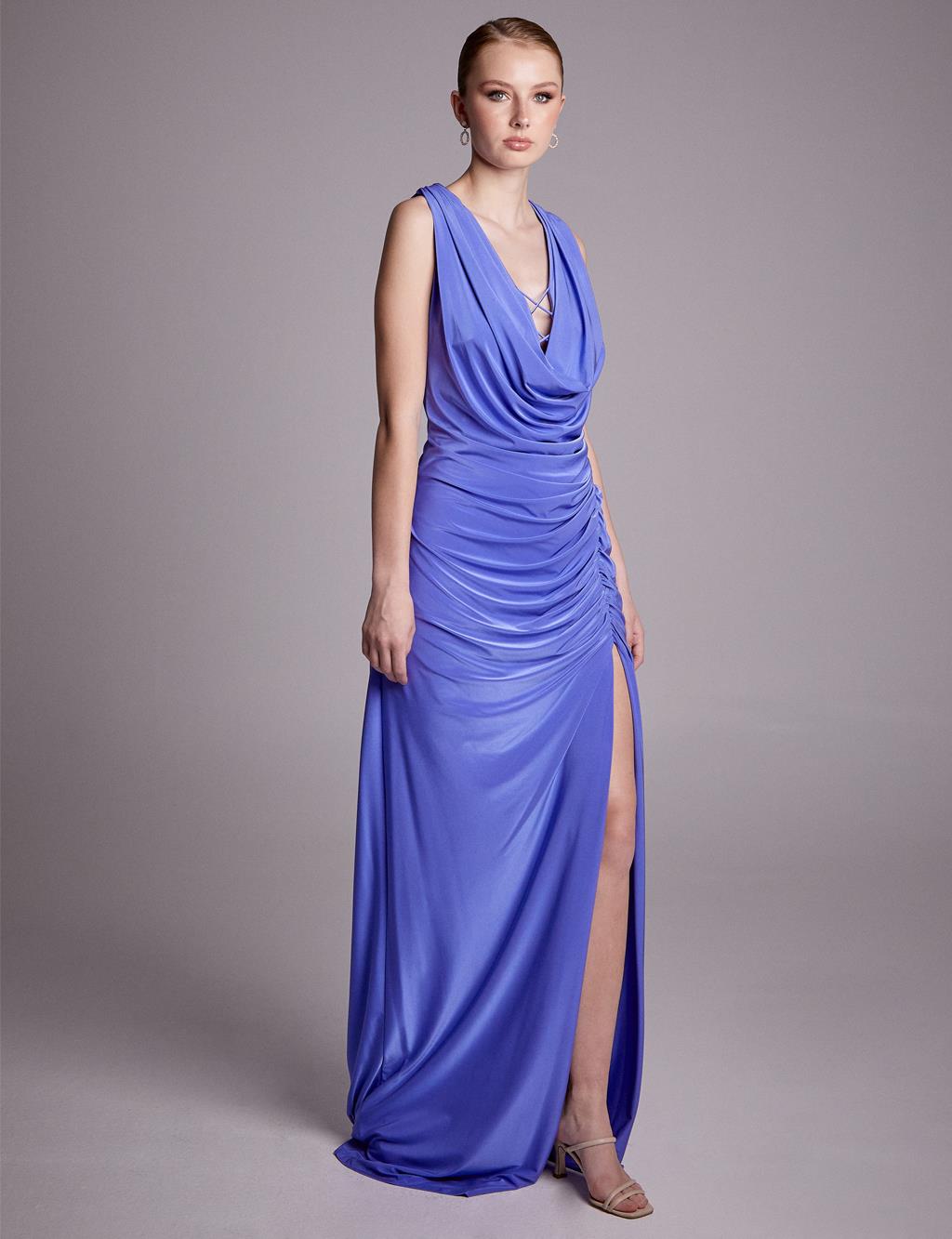 Slit Draped Evening Dress Lilac