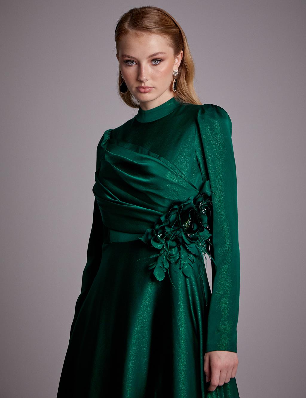Floral Embellished Gigot Sleeve Evening Dress Green