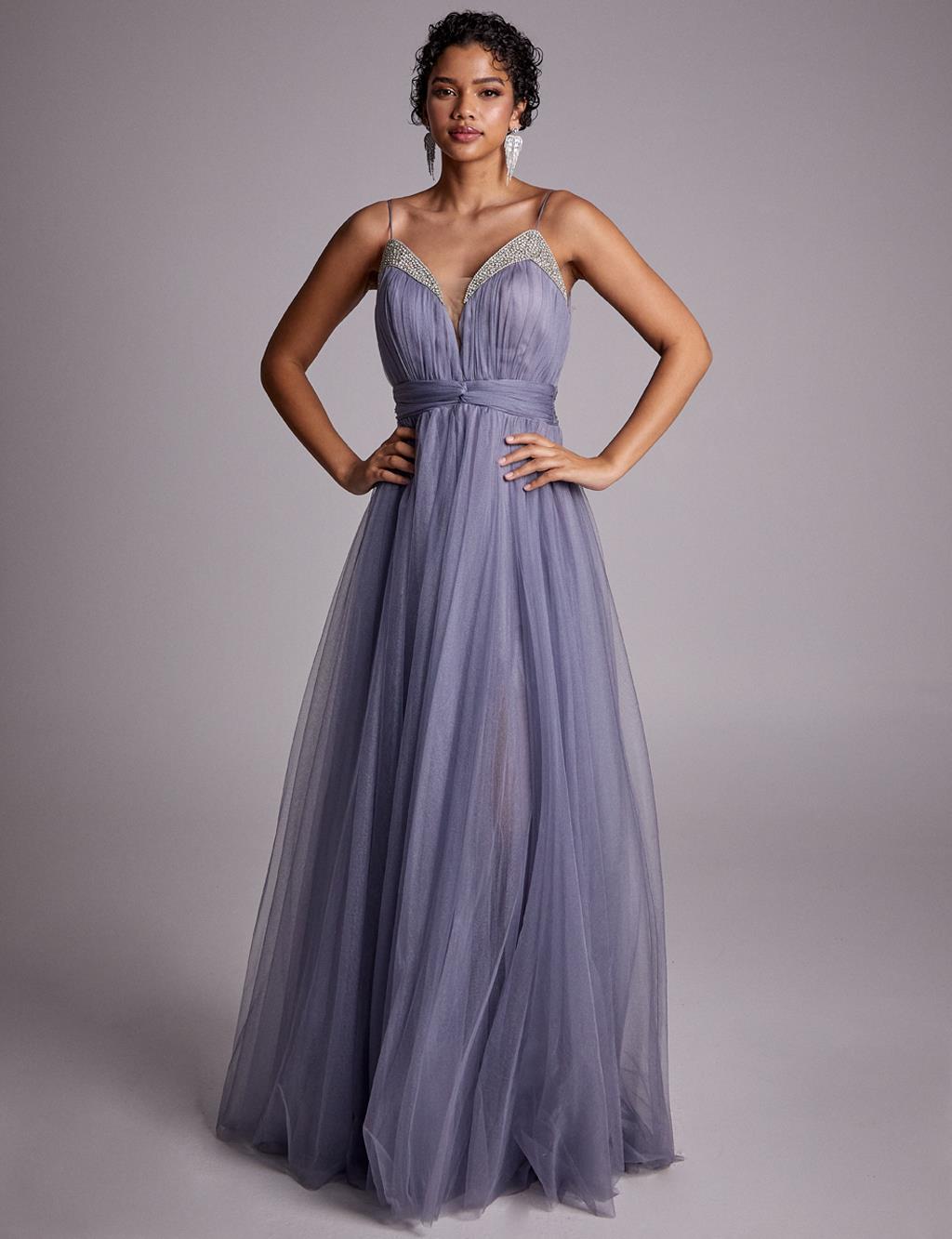 Stone Embellished Slit Tulle Evening Dress Grey