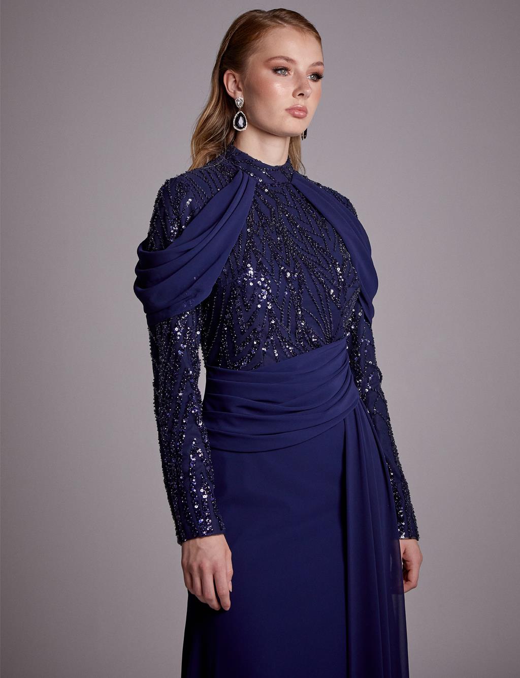 Sequined Draped Evening Dress Navy