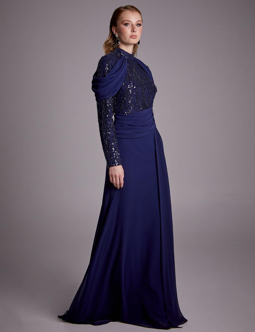 Sequined Draped Evening Dress Navy