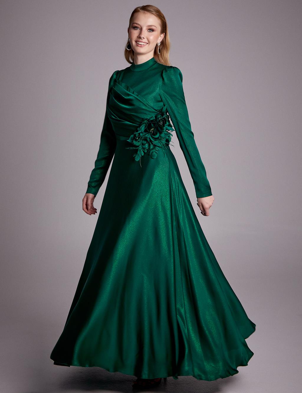 Floral Embellished Gigot Sleeve Evening Dress Green