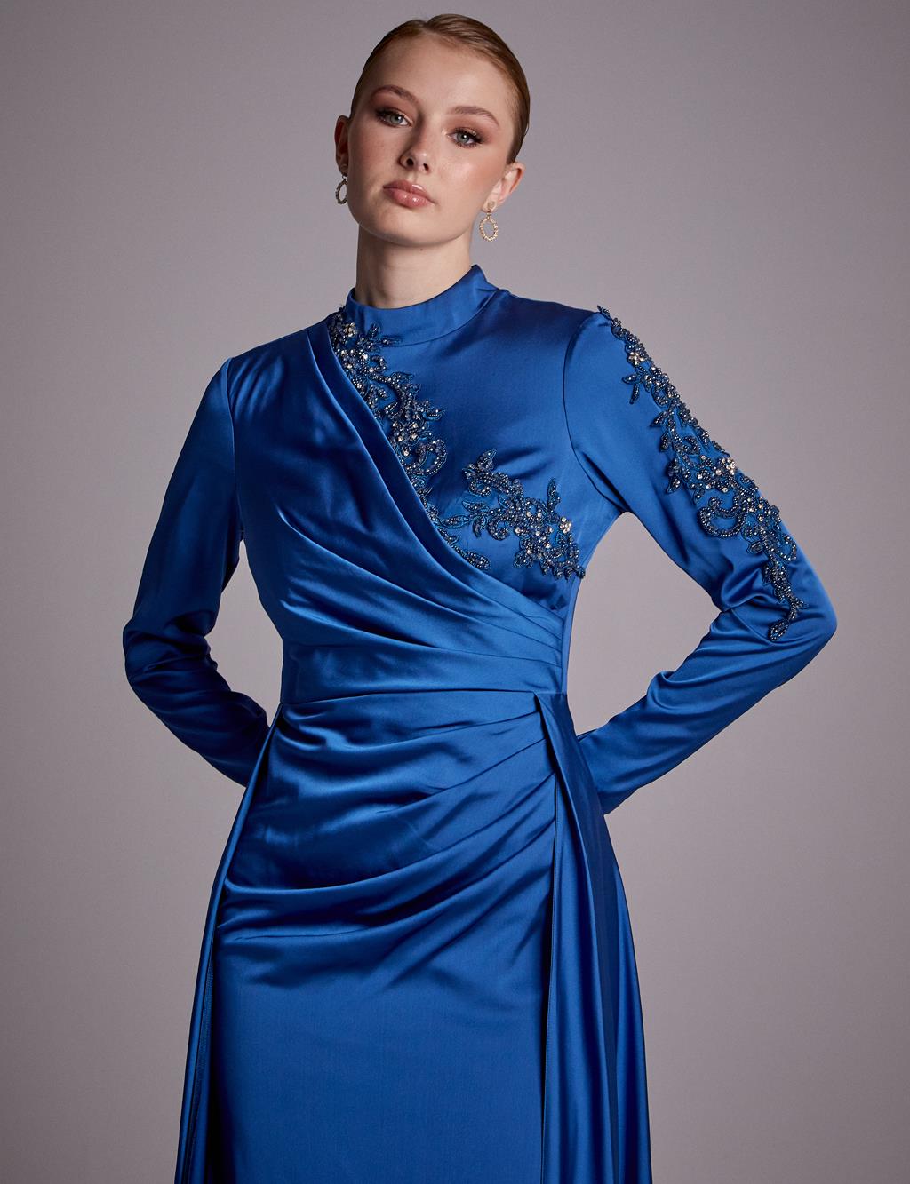 Flowy Embroidered Evening Dress Indigo