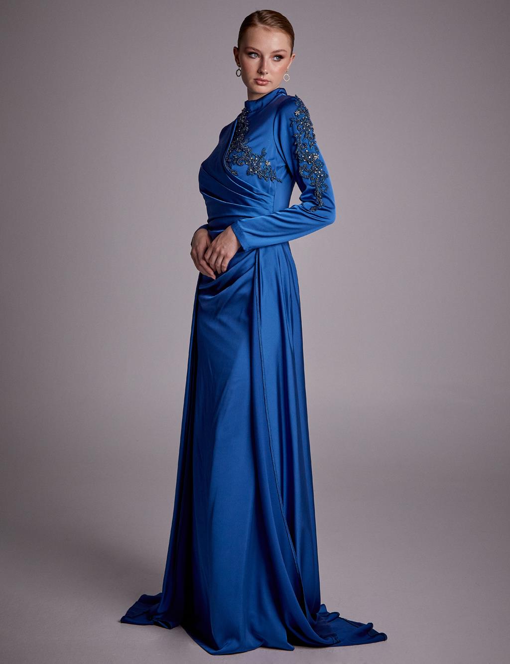 Flowy Embroidered Evening Dress Indigo