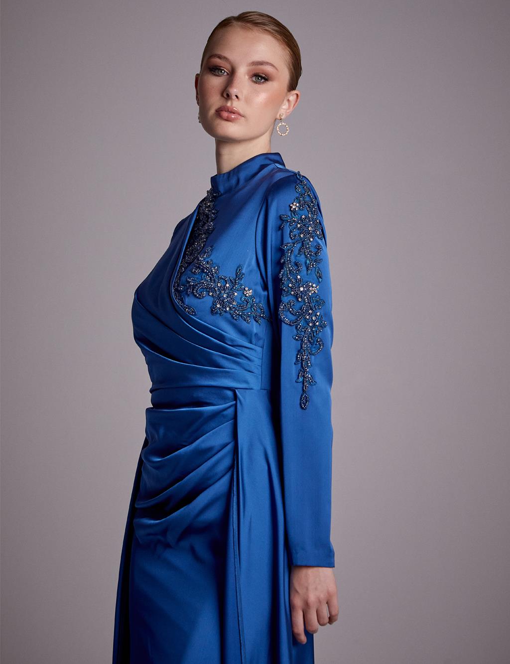 Flowy Embroidered Evening Dress Indigo