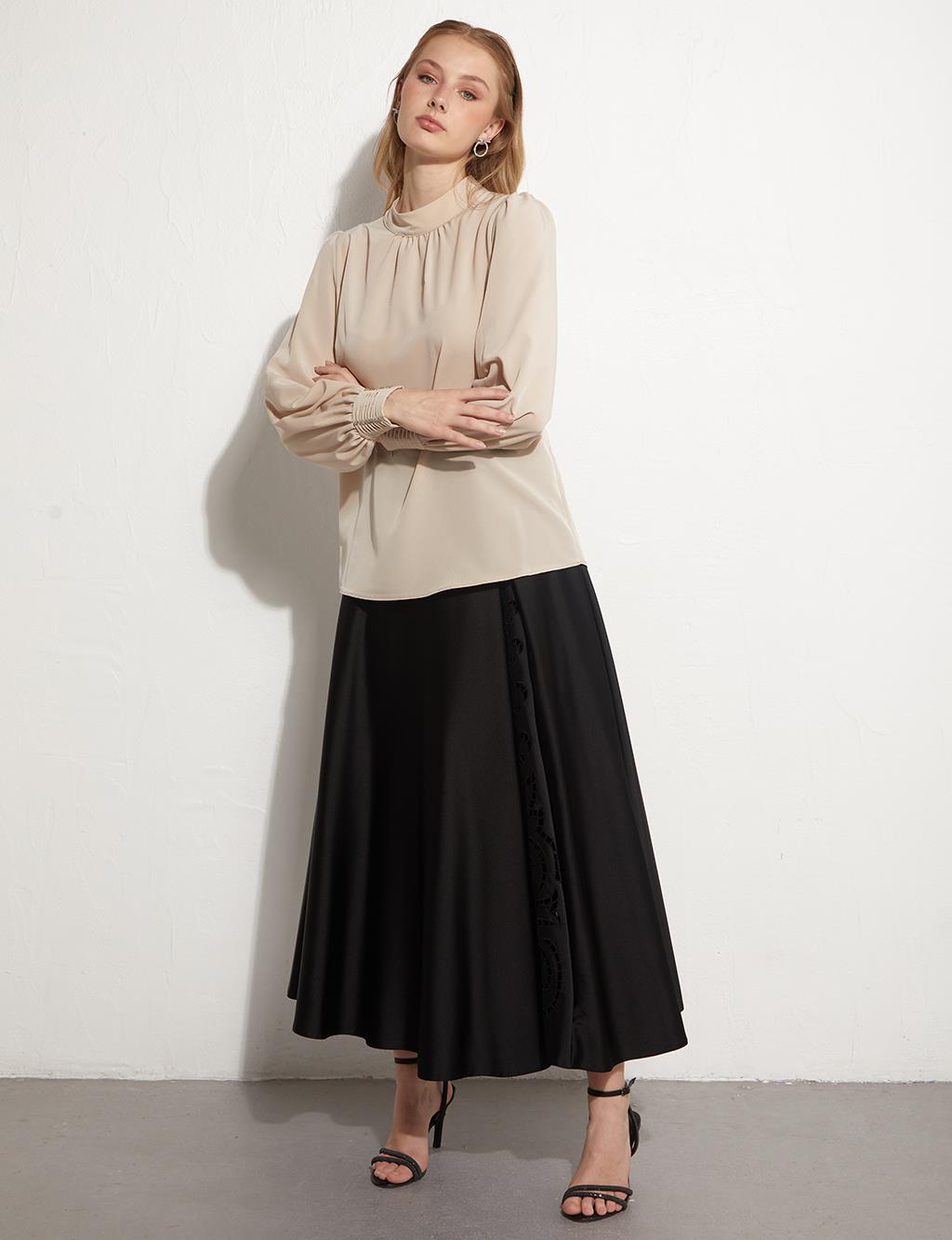 KYR Nervürlü Dik Yaka Bluz Kum Beji