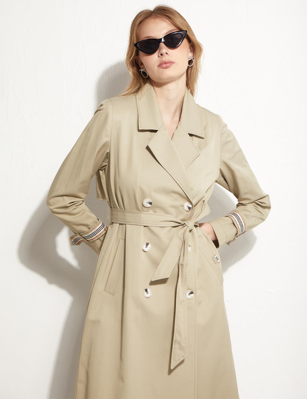 Windbreaker Detailed Ankle Epaulette Trench Coat Mold Green