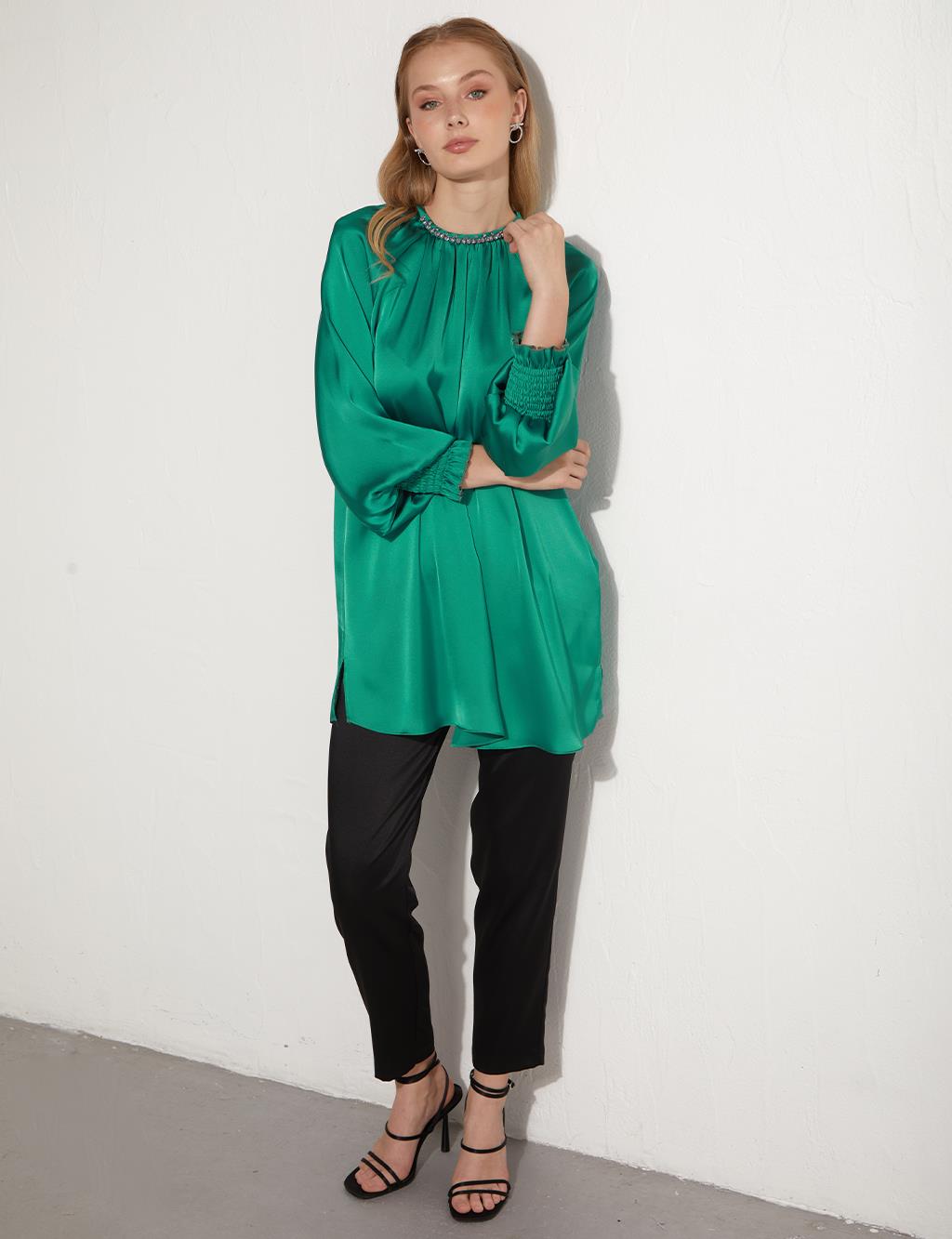 Stone Balloon Sleeve Blouse Lake Green