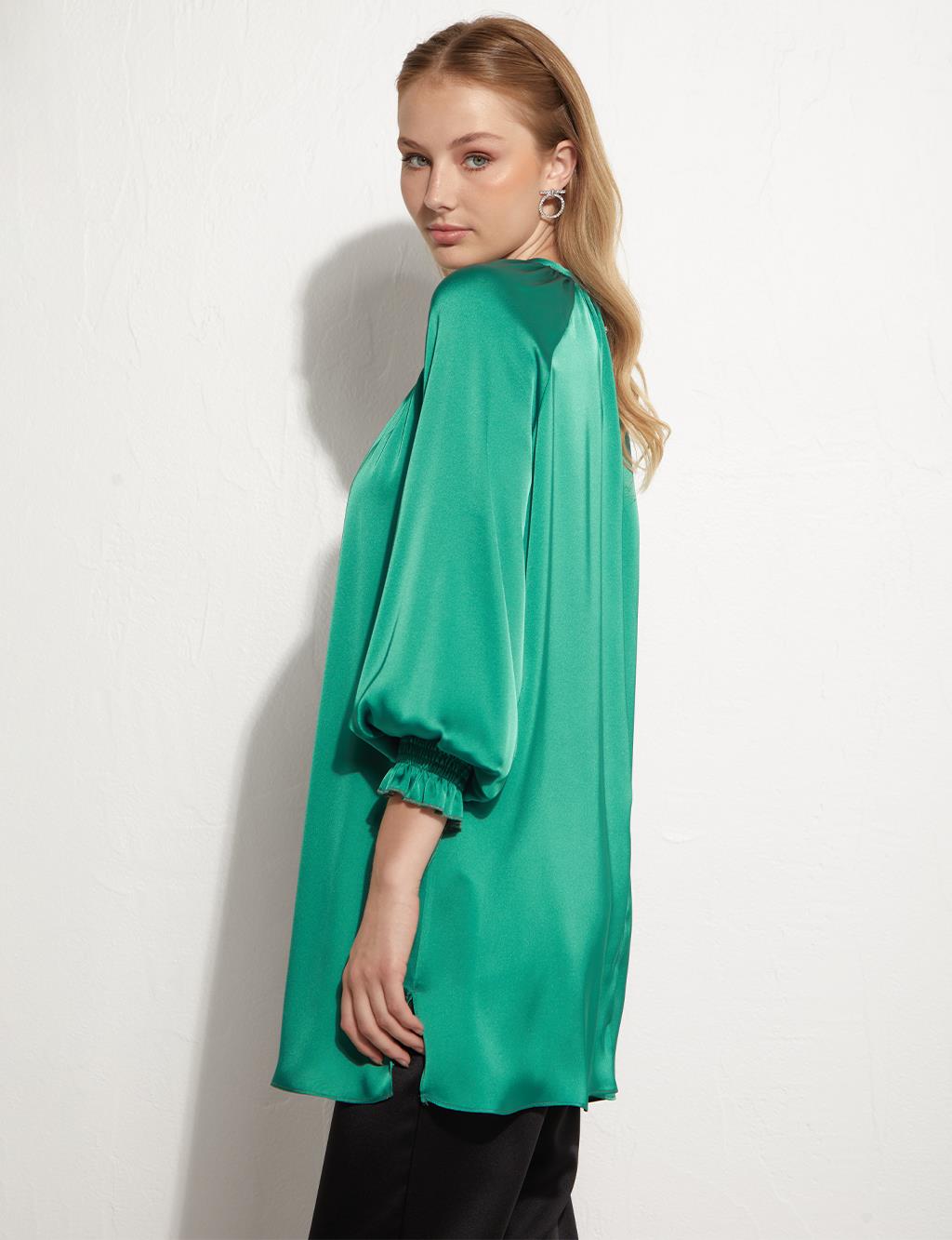 Stone Balloon Sleeve Blouse Lake Green
