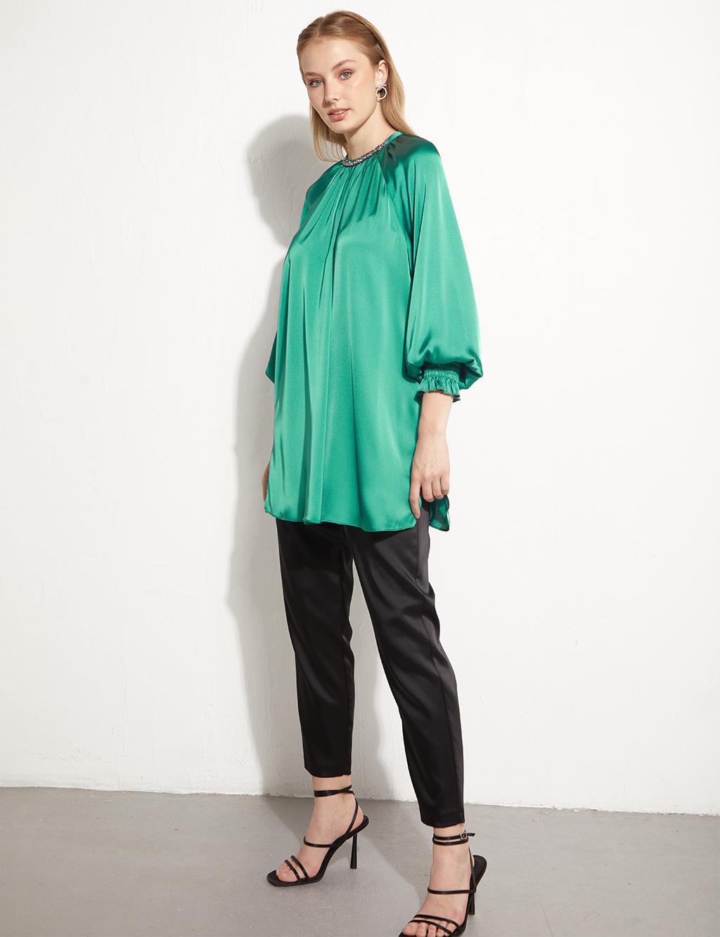 Stone Balloon Sleeve Blouse Lake Green
