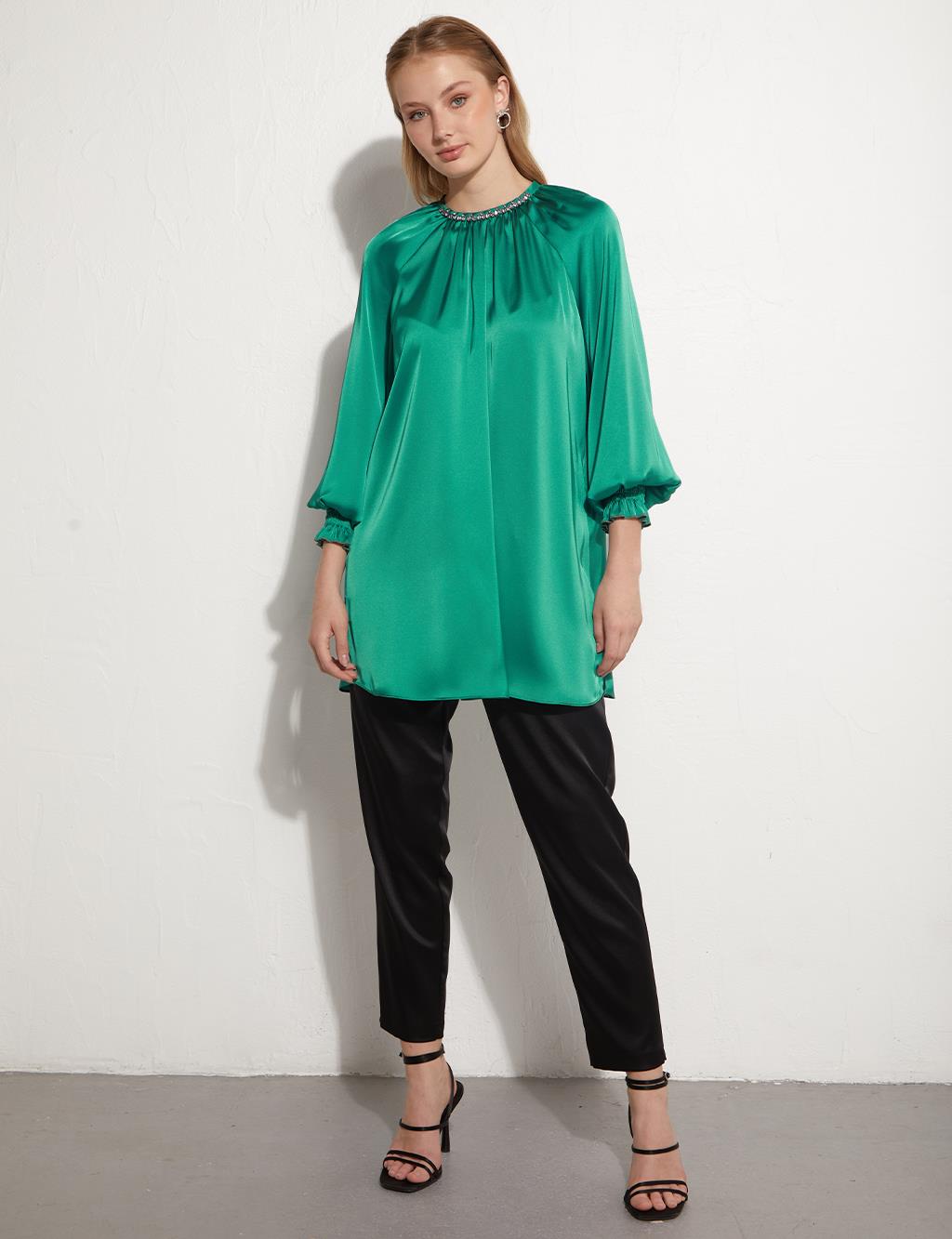 Stone Balloon Sleeve Blouse Lake Green