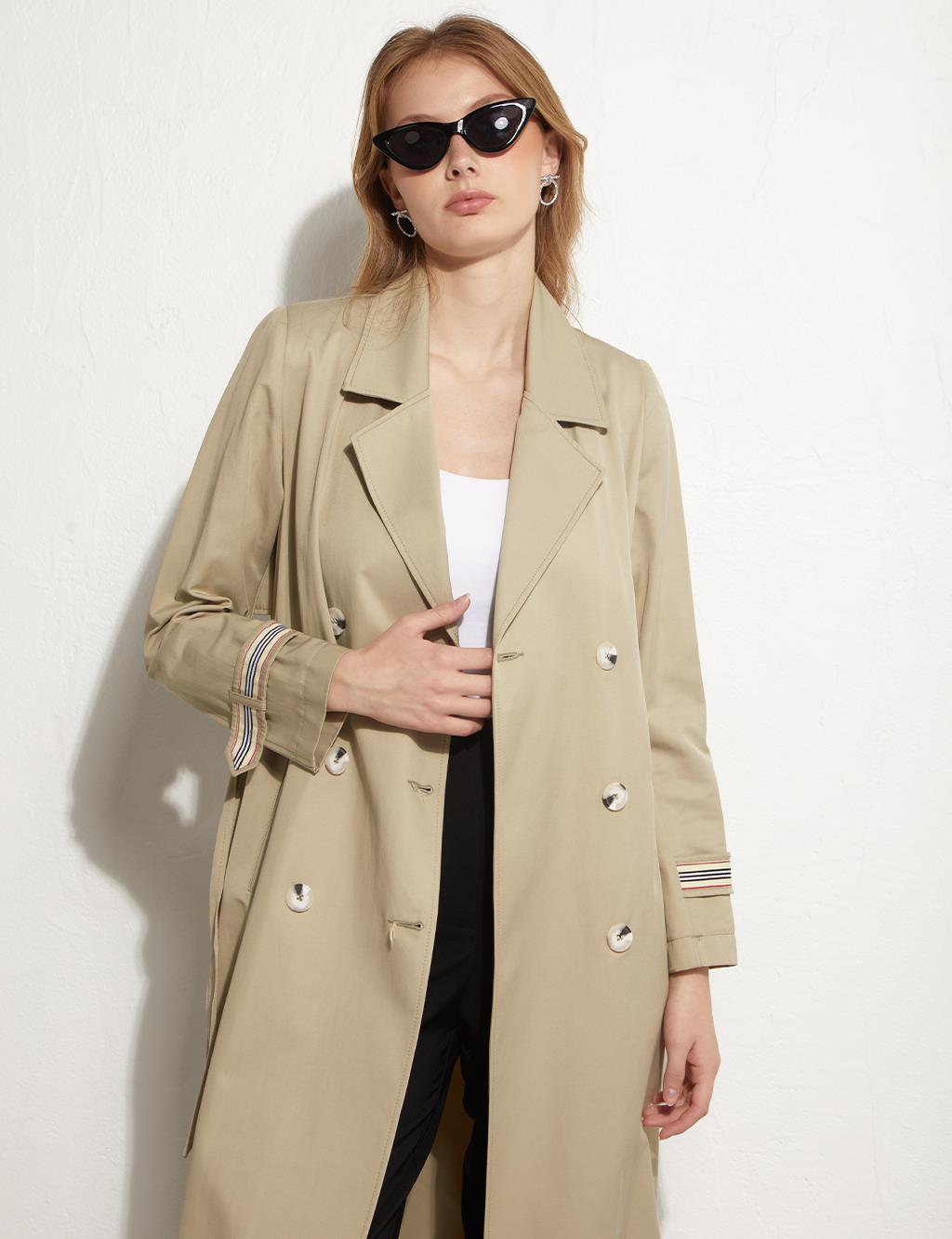 Windbreaker Detailed Ankle Epaulette Trench Coat Mold Green
