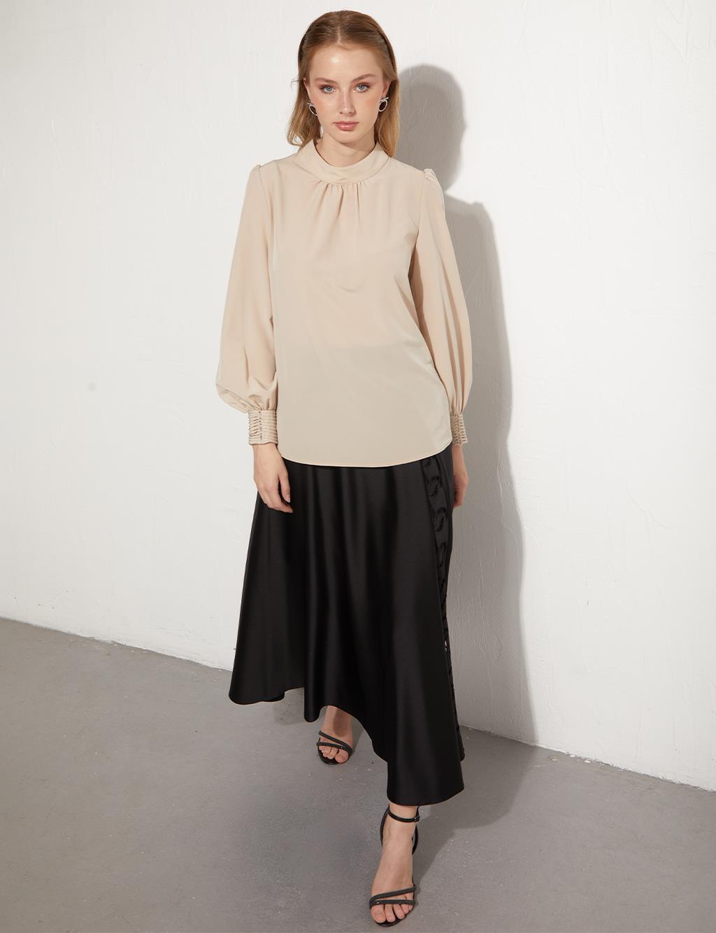 KYR Nervürlü Dik Yaka Bluz Kum Beji