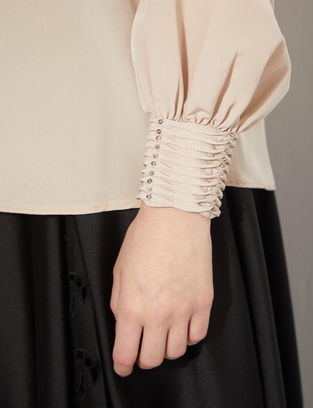 KYR Nervürlü Dik Yaka Bluz Kum Beji