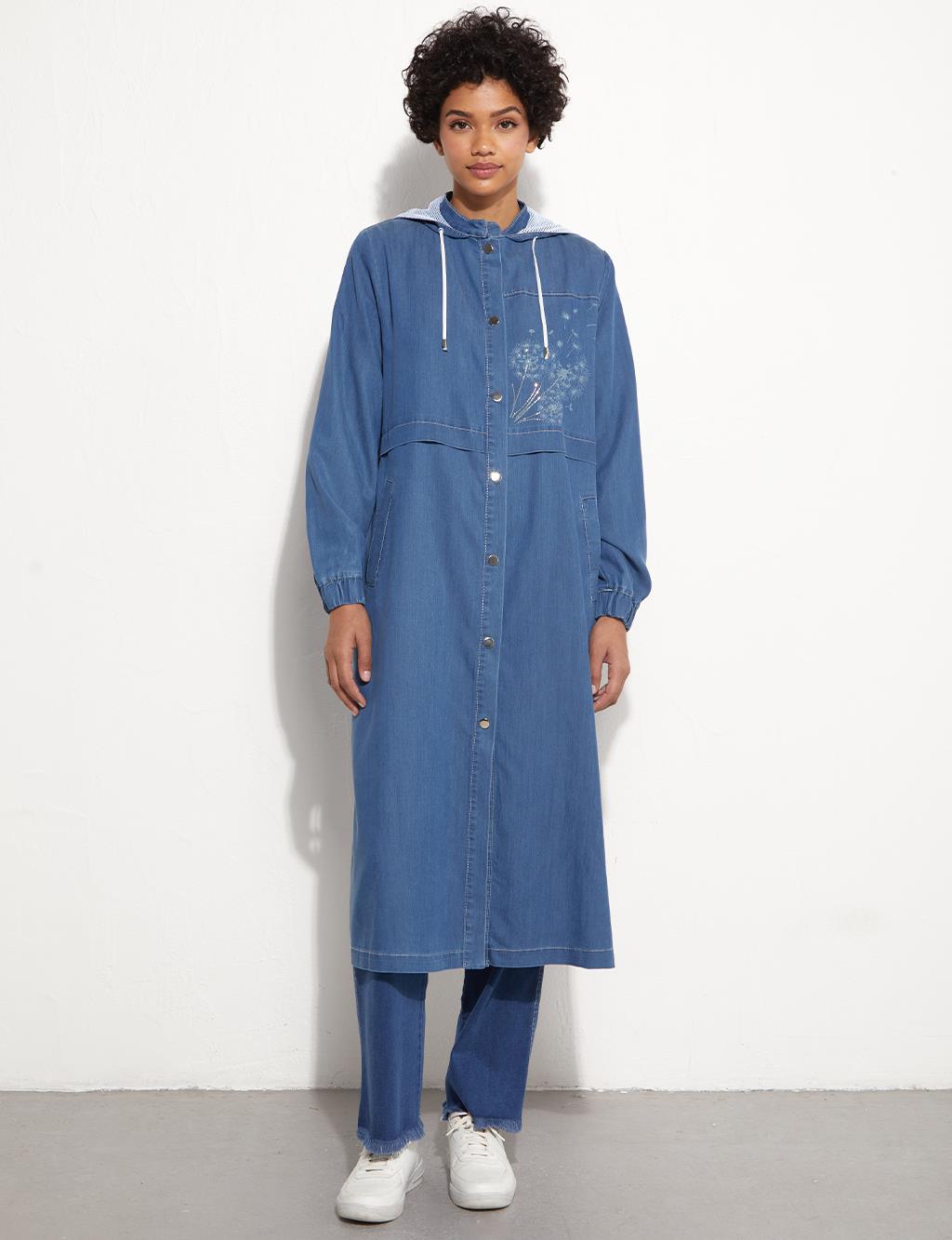 Printed Snap Closure Trench Coat Indigo