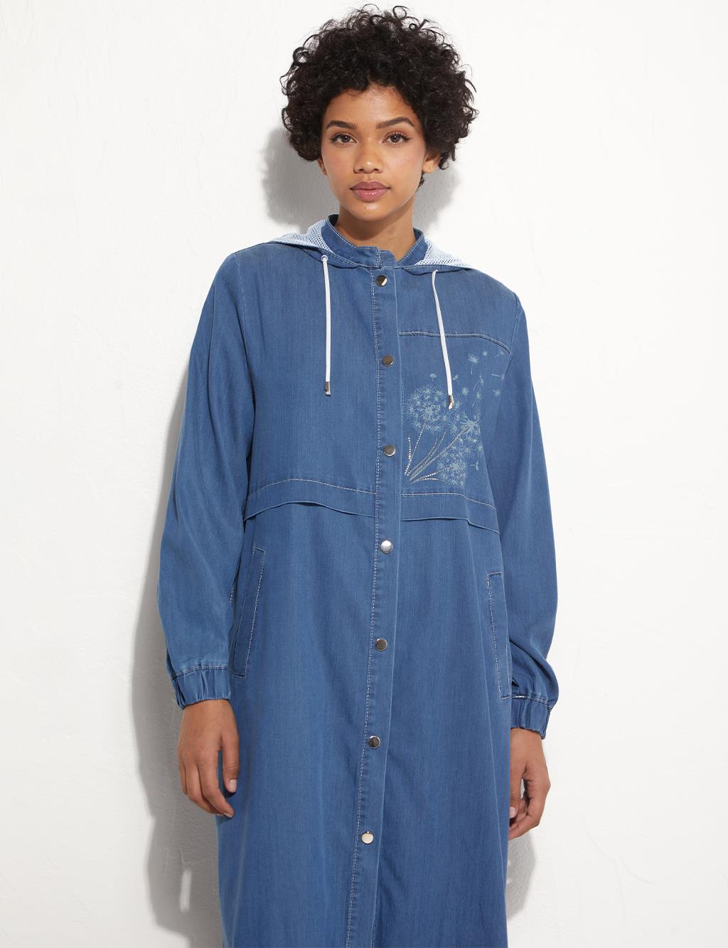 Printed Snap Closure Trench Coat Indigo