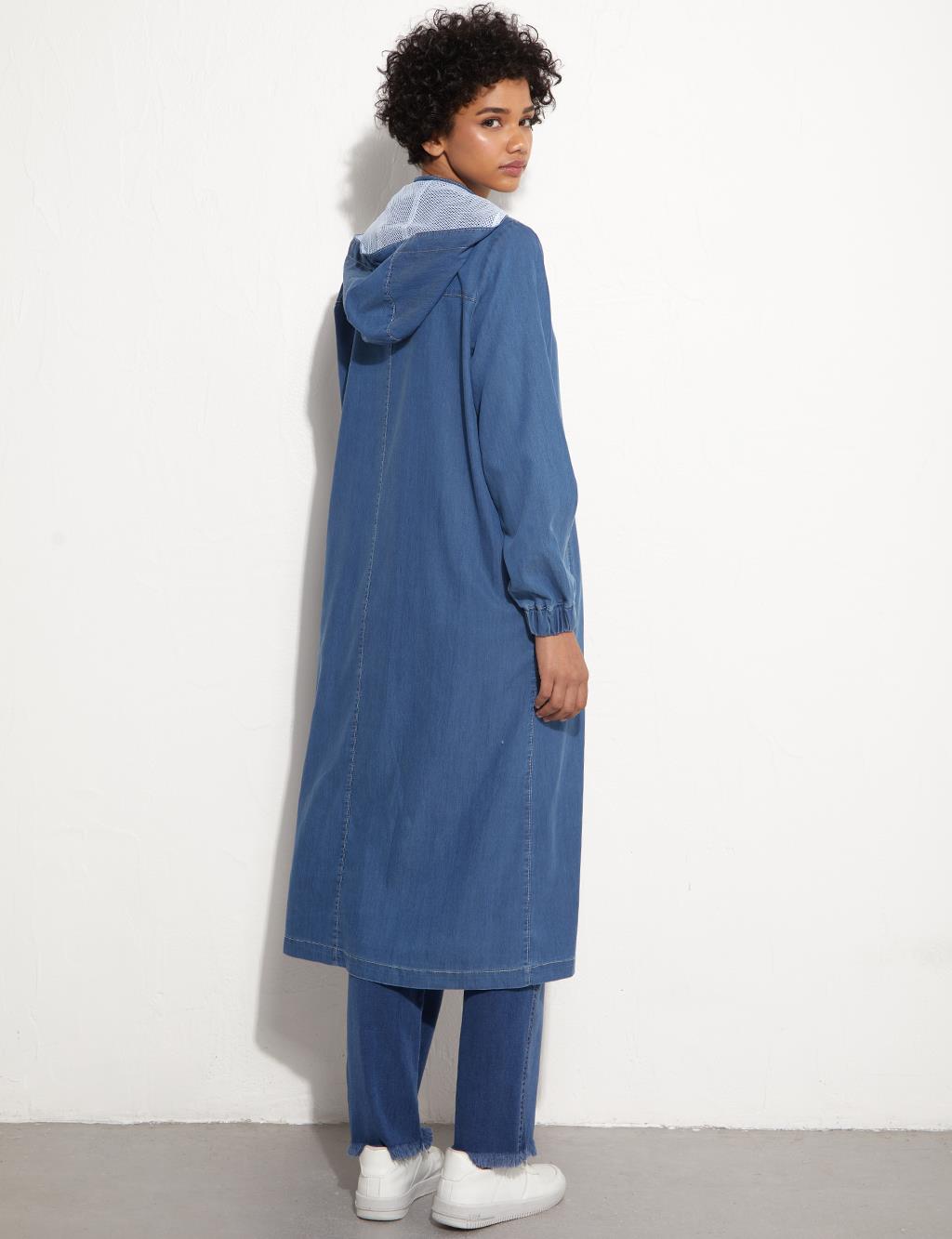 Printed Snap Closure Trench Coat Indigo