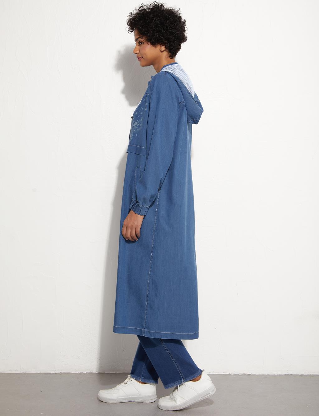 Printed Snap Closure Trench Coat Indigo