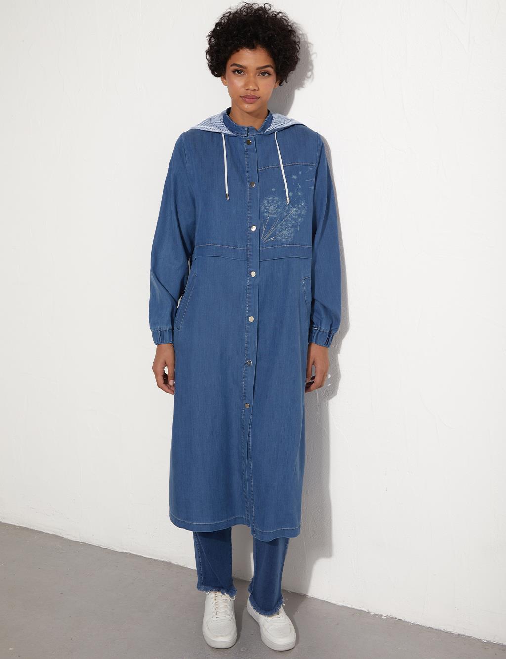 Printed Snap Closure Trench Coat Indigo