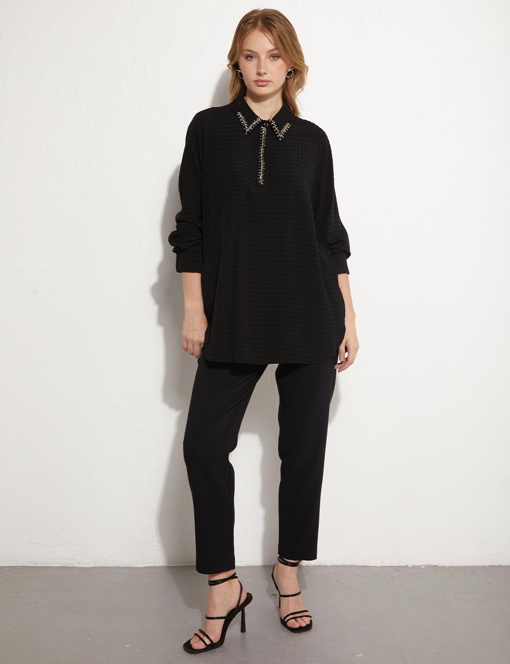 Embossed Half Placket Blouse Black