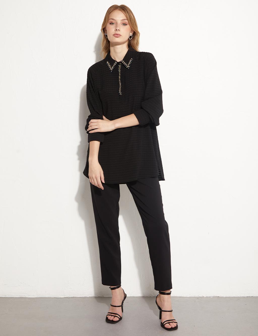 Embossed Half Placket Blouse Black