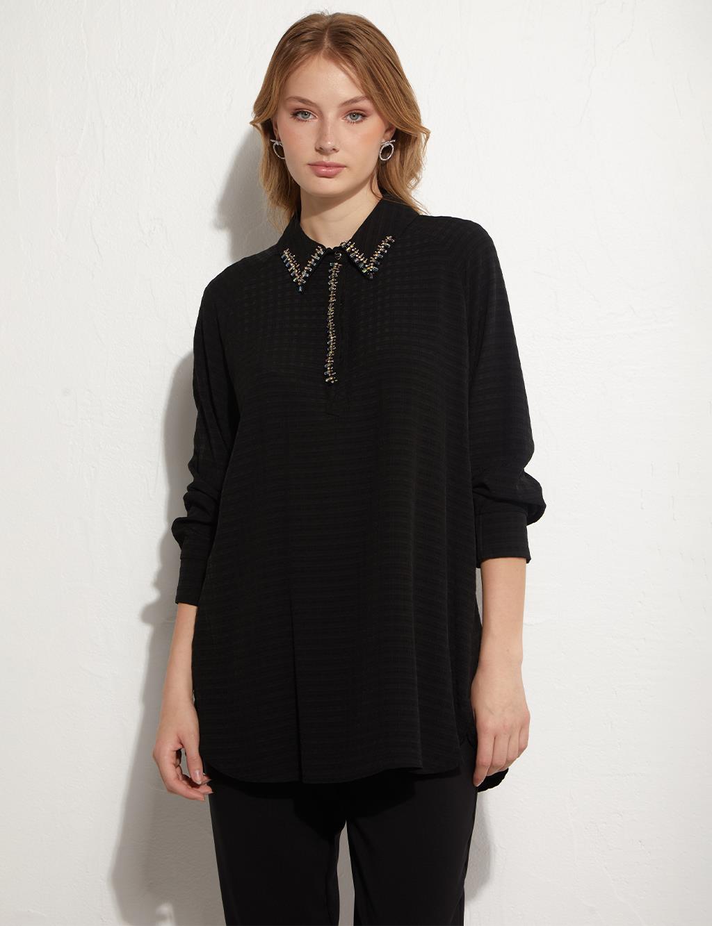 Embossed Half Placket Blouse Black