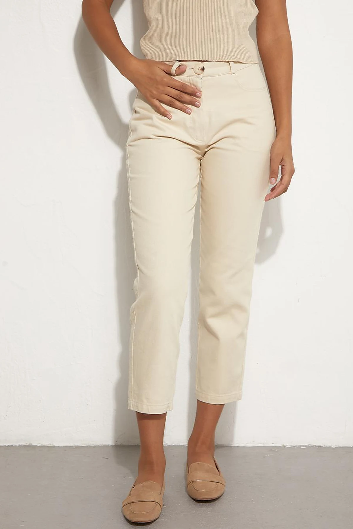 Kısa Paça Denim Pantolon Krem