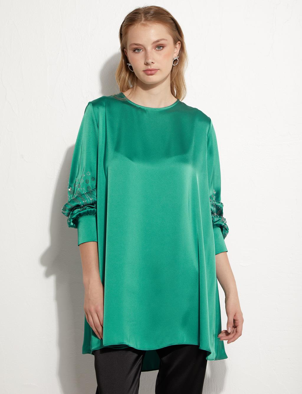 Embroidered Sleeves Tunic Lake Green