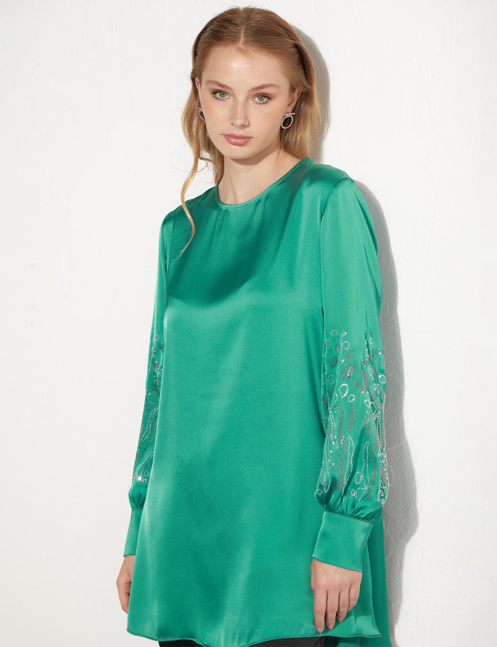 Embroidered Sleeves Tunic Lake Green