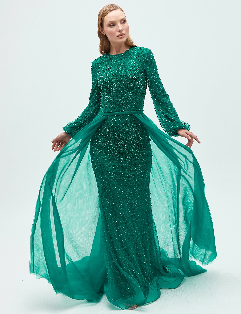 Pearl Embroidered Cape Evening Dress Emerald