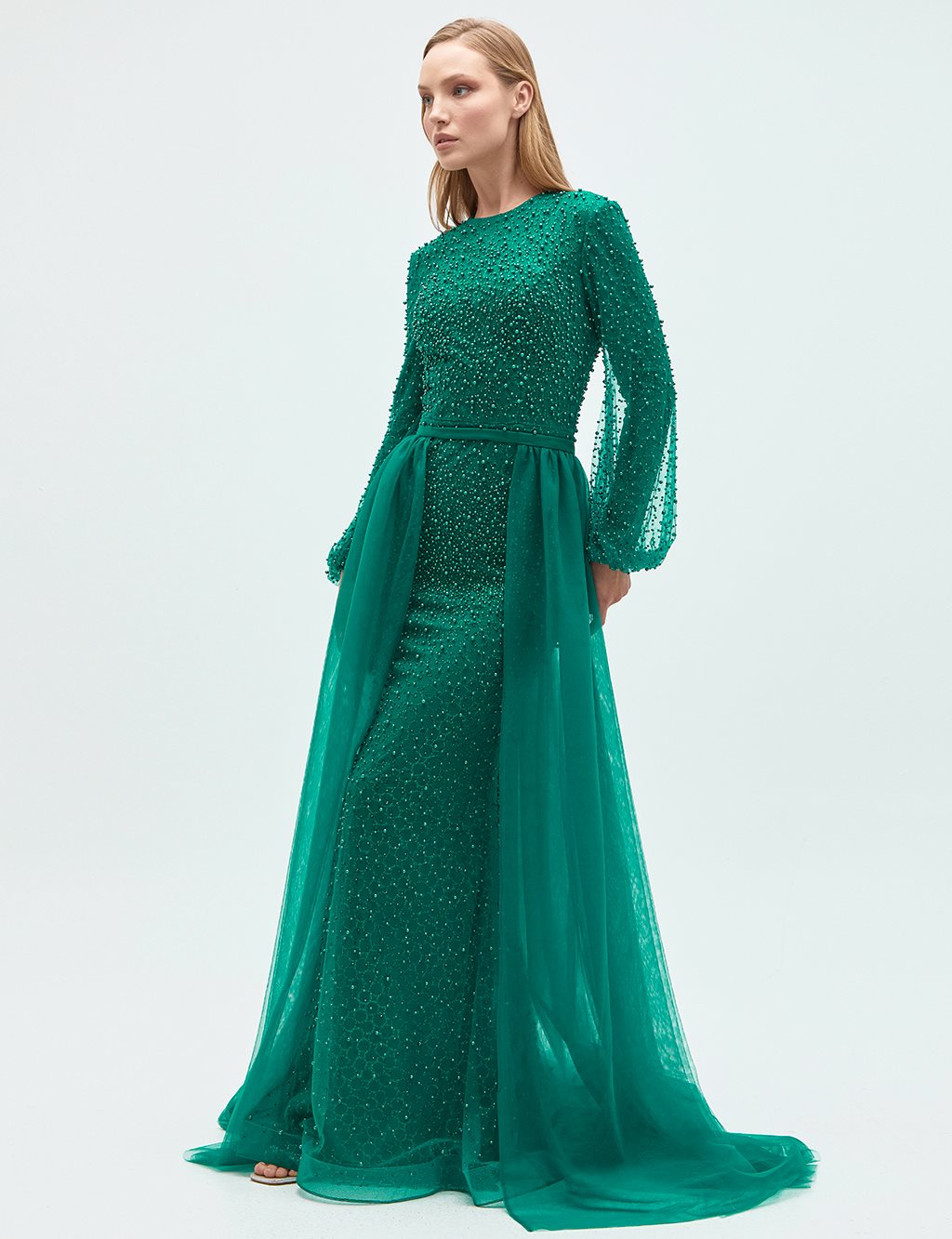 Pearl Embroidered Cape Evening Dress Emerald