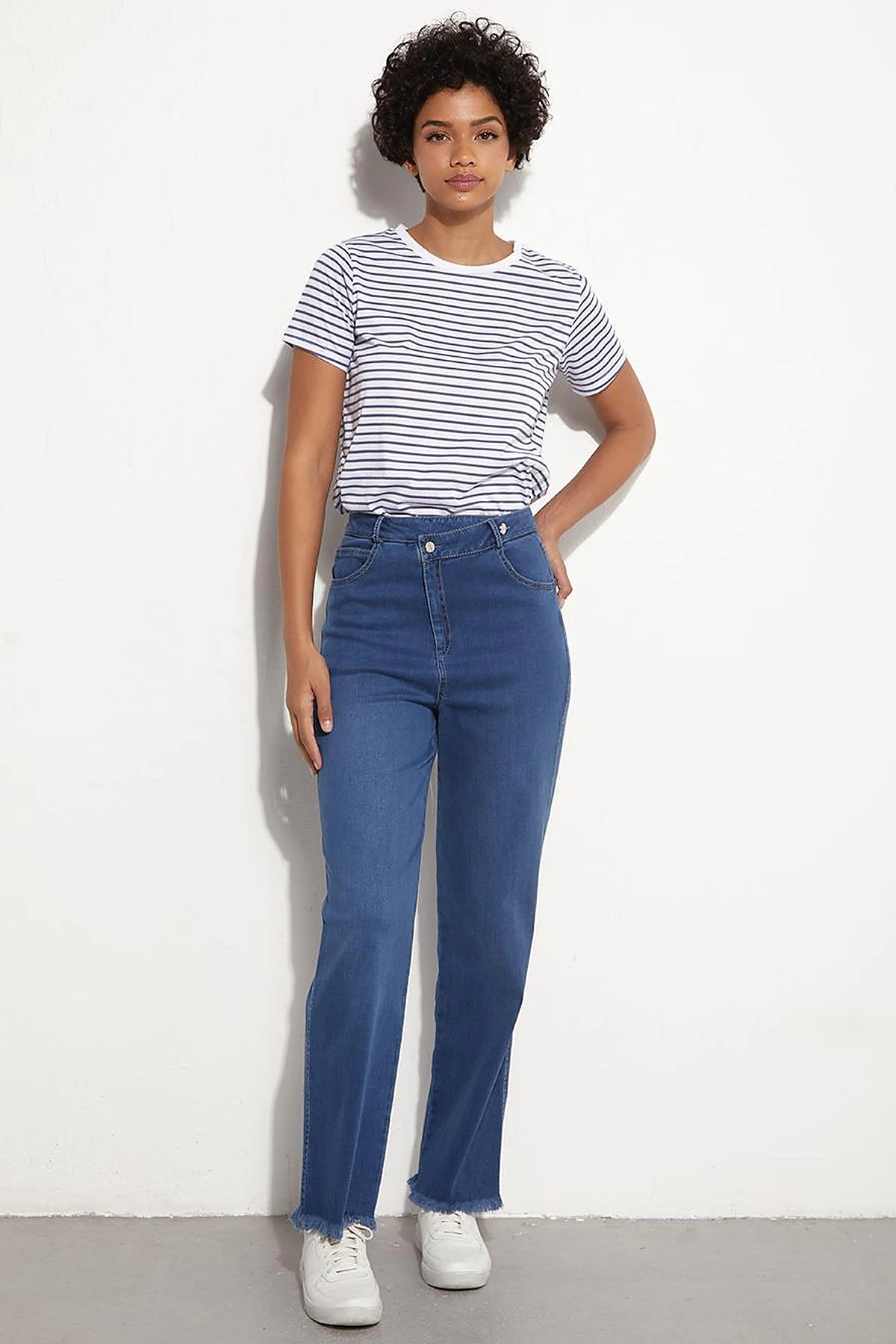 BASIC Beli Çapraz Kapamalı Denim Pantolon İndigo