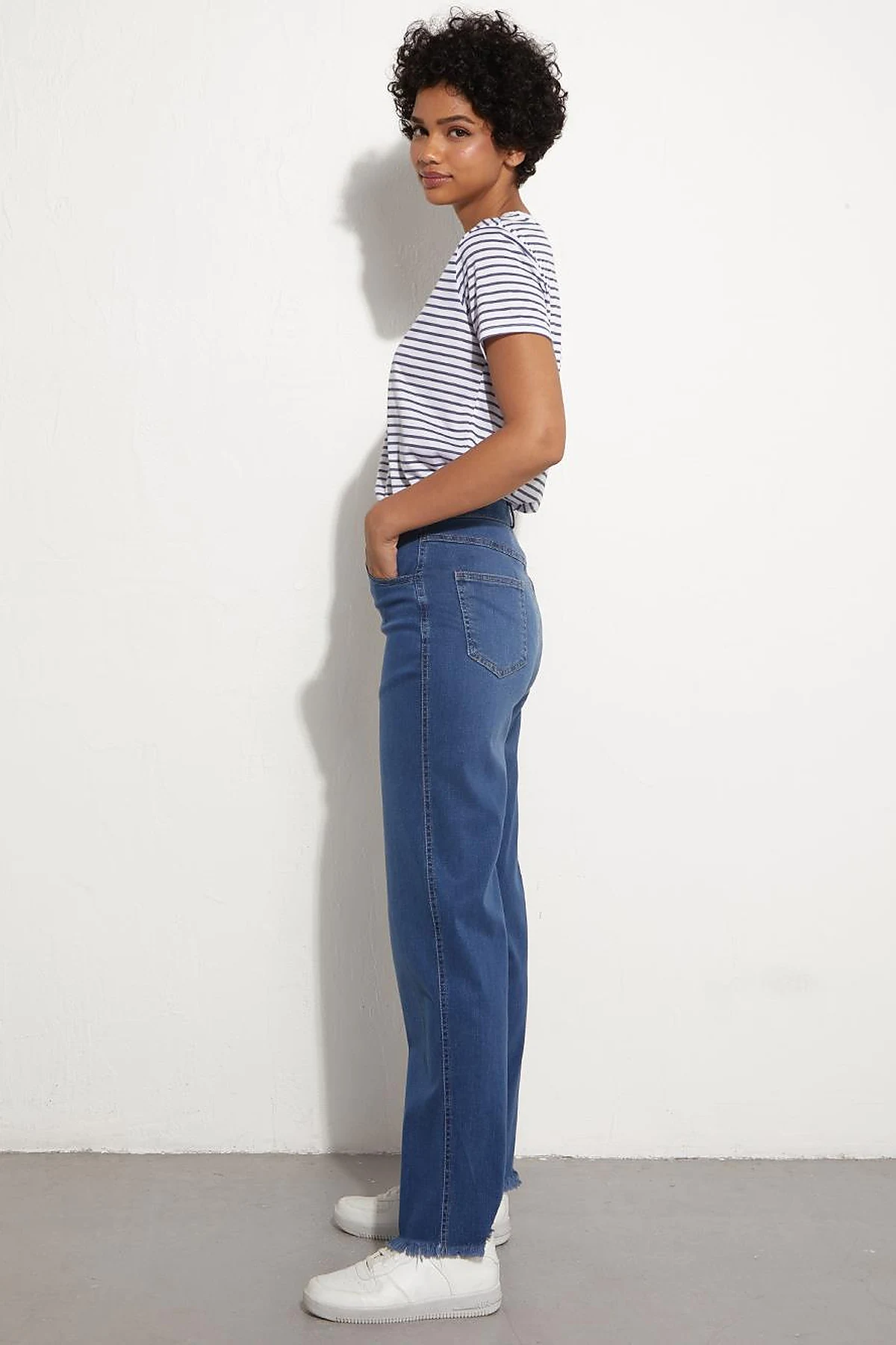 BASIC Beli Çapraz Kapamalı Denim Pantolon İndigo