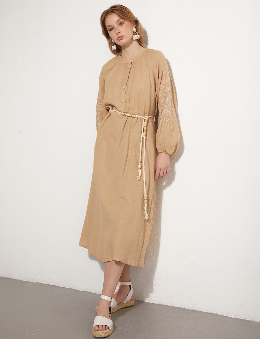 Embroidered Sleeves Dress/Tunic Beige