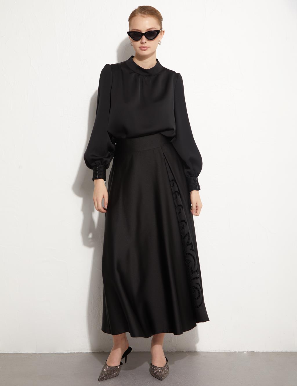 Volanlı Lazer Kesim Etek Siyah