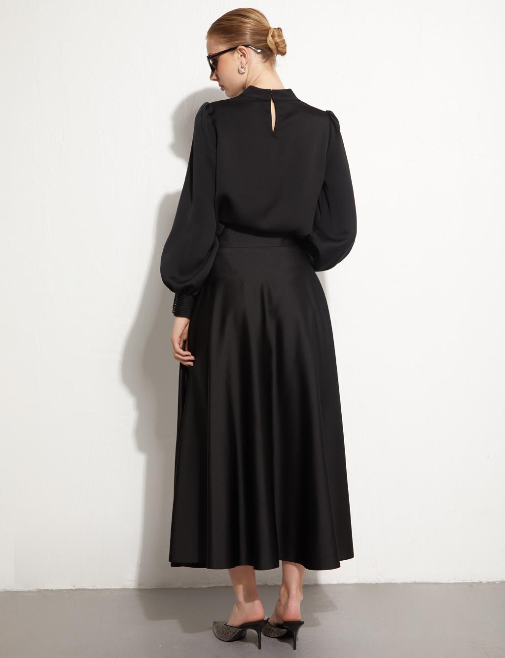 Volanlı Lazer Kesim Etek Siyah