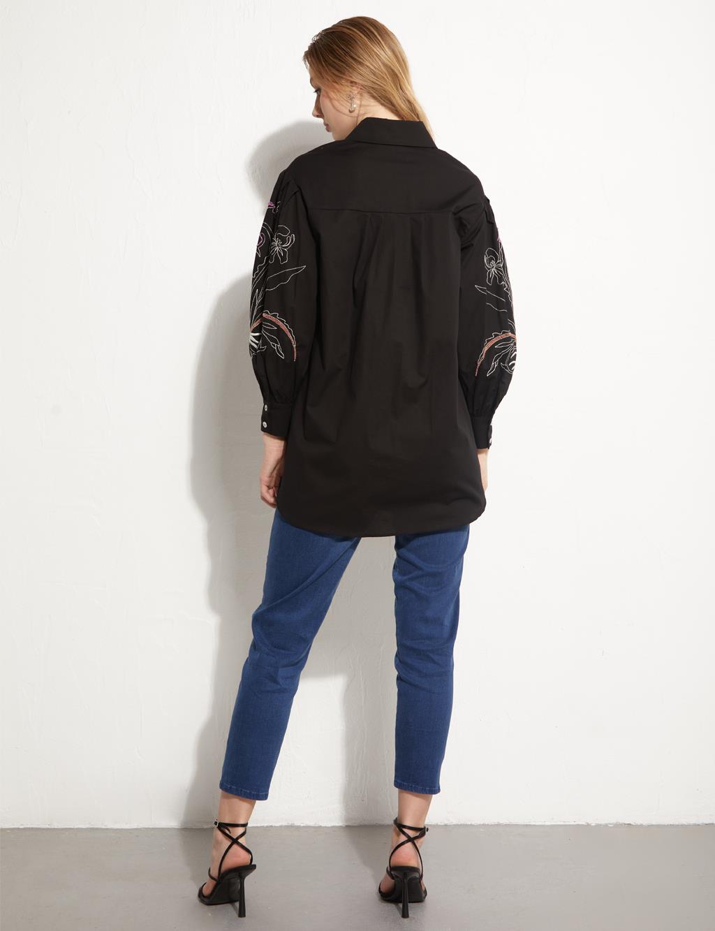 Hidden Placket Embroidered Tunic Black