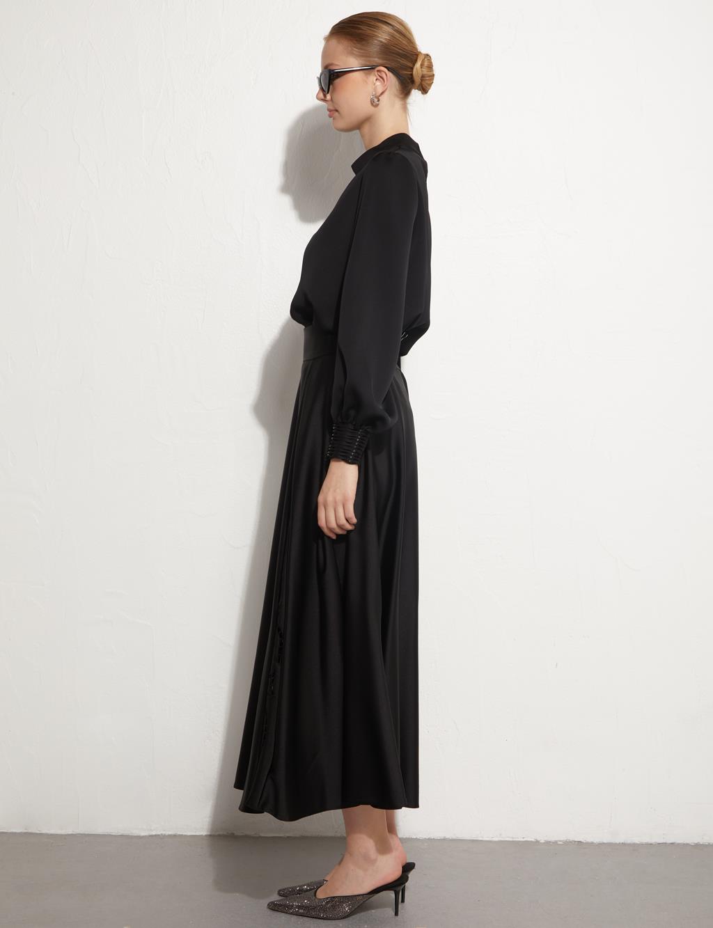 Volanlı Lazer Kesim Etek Siyah