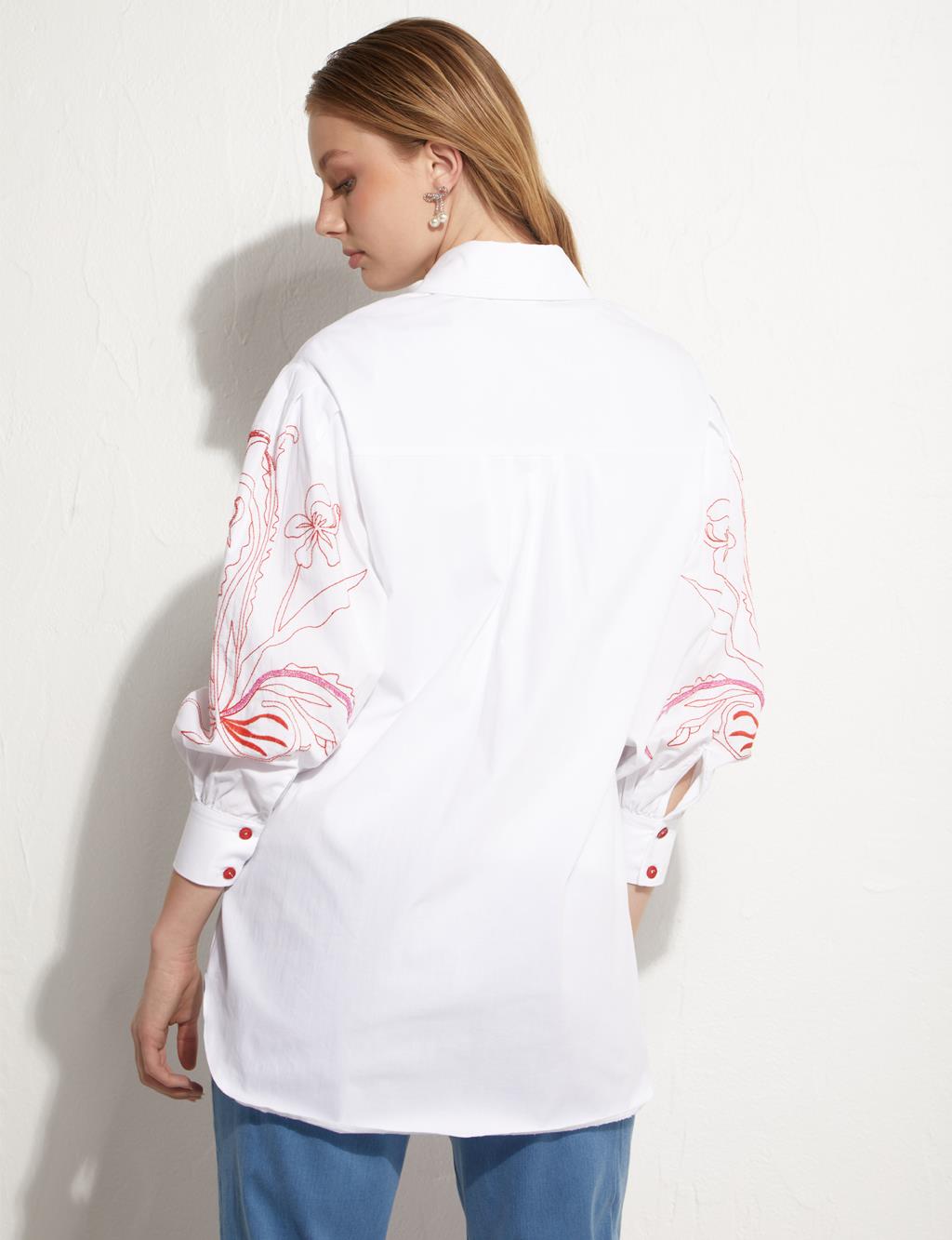 Hidden Placket Embroidered Tunic White