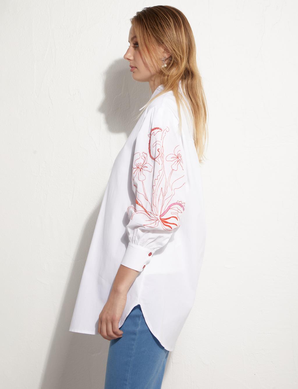 Hidden Placket Embroidered Tunic White