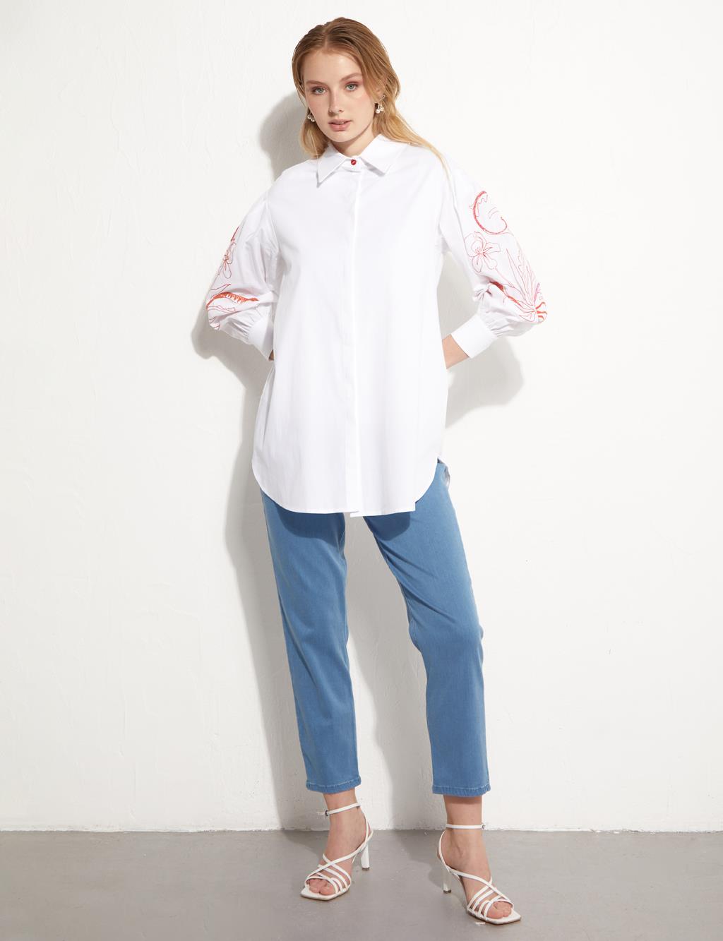 Hidden Placket Embroidered Tunic White