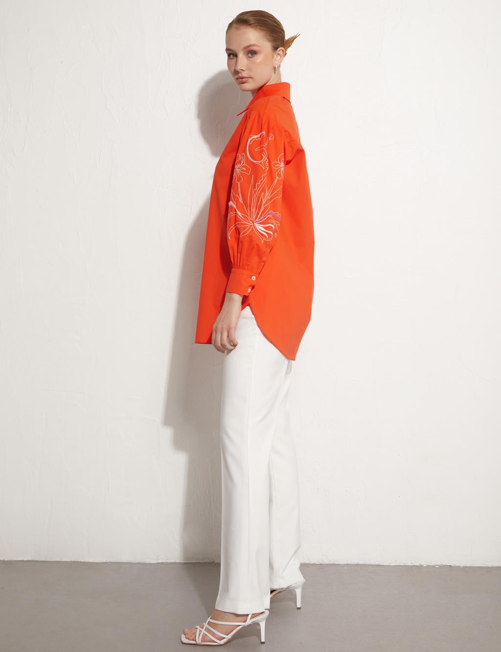 Hidden Placket Embroidered Tunic Coral