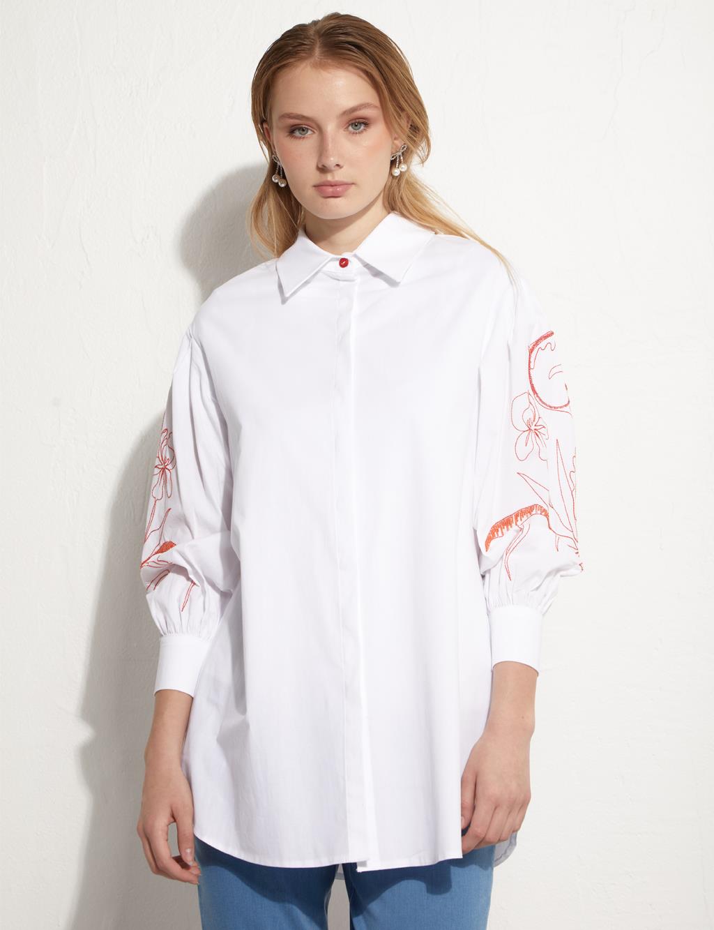 Hidden Placket Embroidered Tunic White