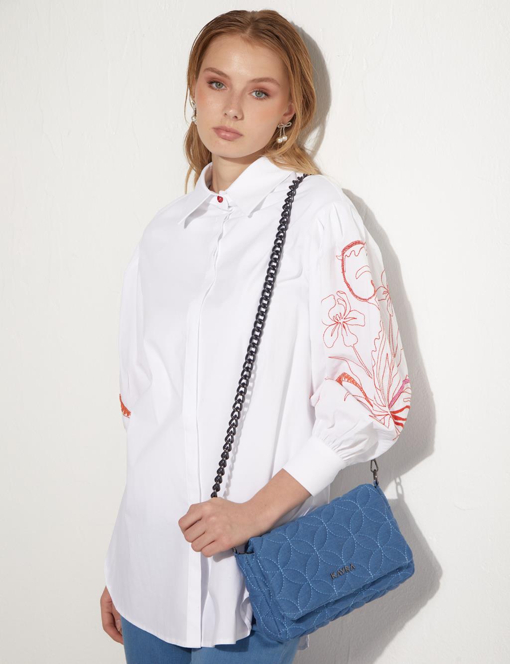 Hidden Placket Embroidered Tunic White