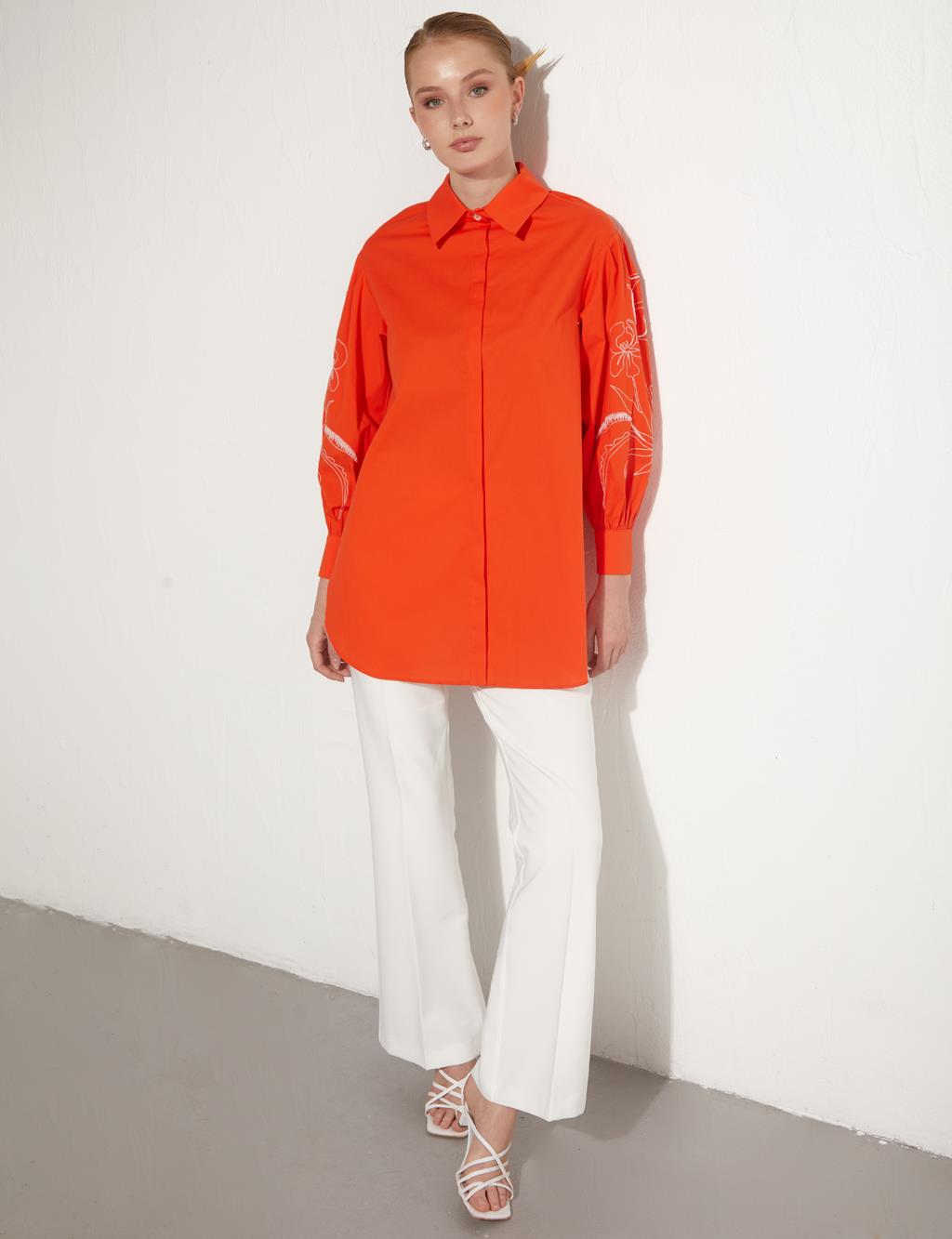 Patı Gizli Nakışlı Tunik Mercan