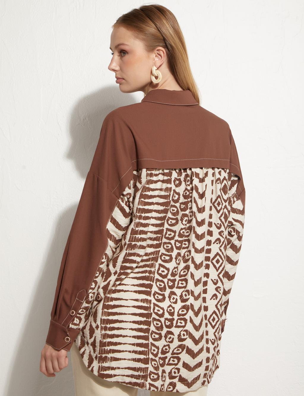 Half Placket Abstract Pattern Tunic Brown