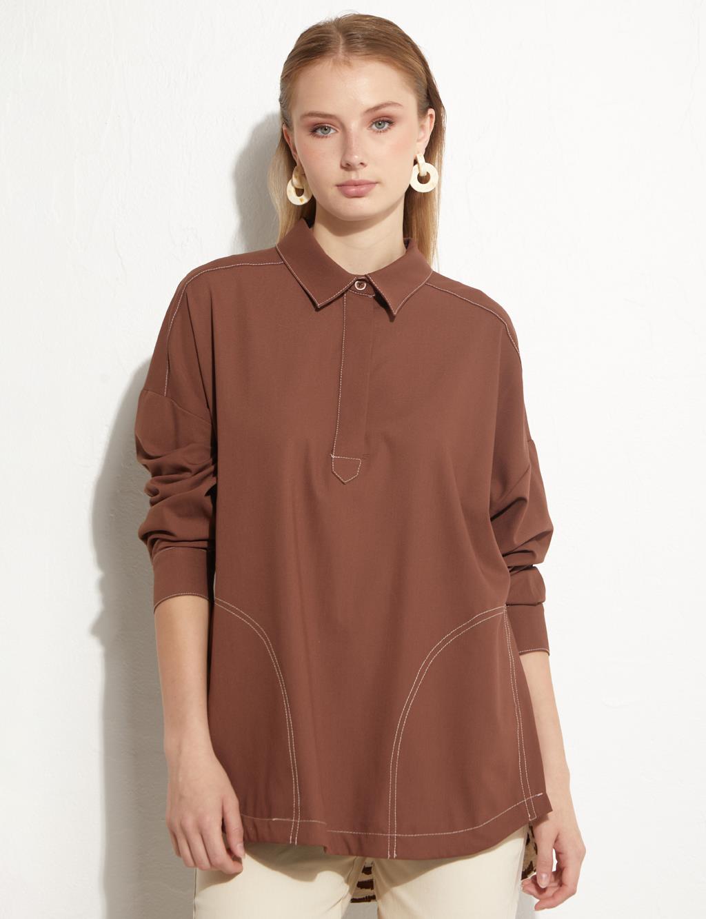 Half Placket Abstract Pattern Tunic Brown
