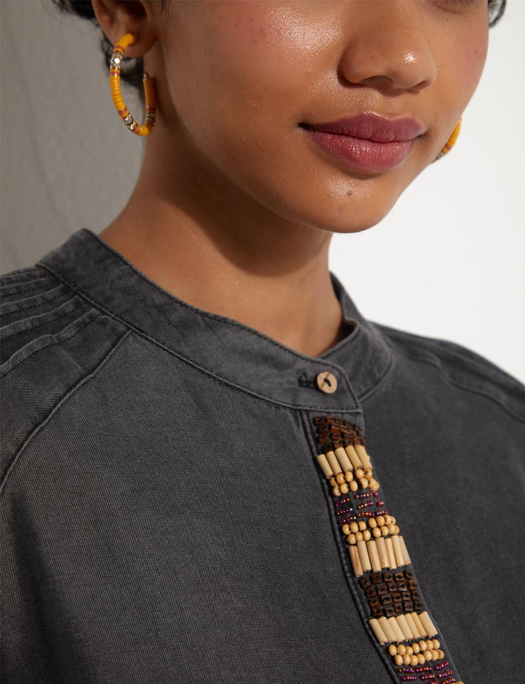 Beaded Balloon Sleeve Tunic Black
