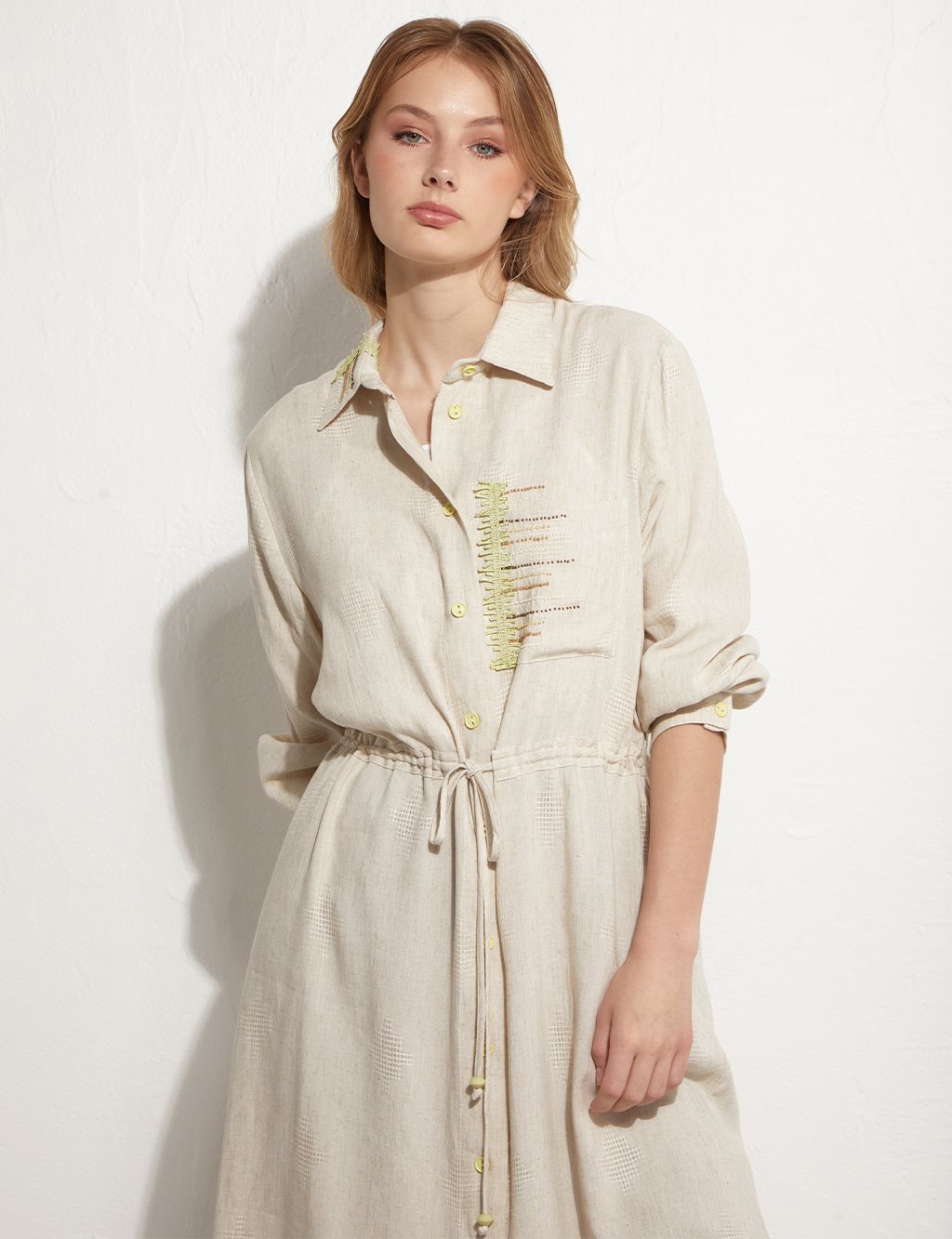 İşlemeli Cep Detaylı Elbise/Tunik Krem