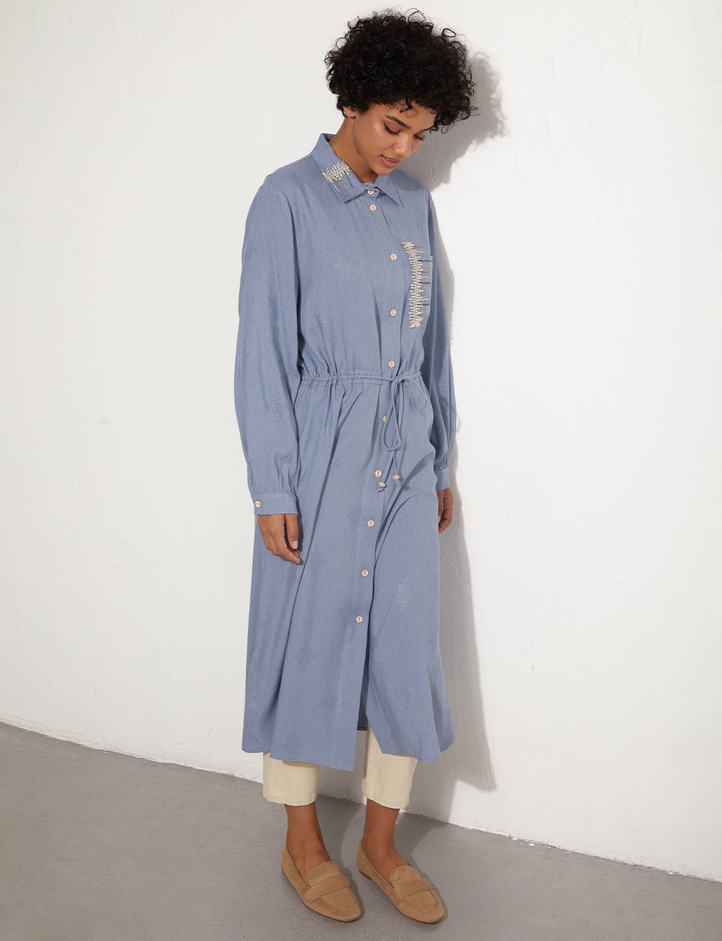 İşlemeli Cep Detaylı Elbise/Tunik Havacı Mavi